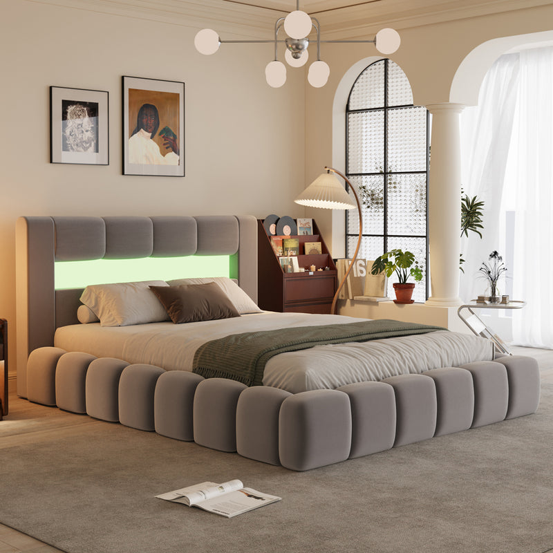 Lit nuage avec coffre de rangement et LED 160x200cm en velours gris avec tête de lit et sommier Omaha design nuage bubble