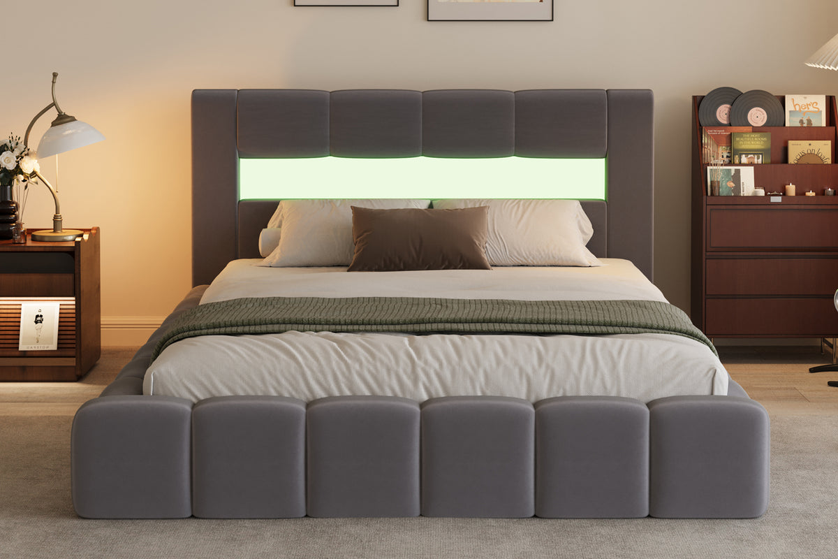 Lit nuage avec coffre de rangement et LED 180x200cm en velours gris avec tête de lit et sommier Omaha vue de face