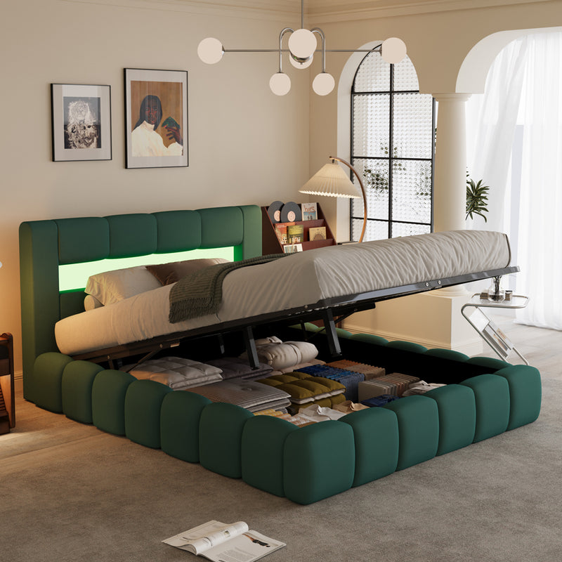 Lit nuage avec coffre de rangement et LED 180x200cm en velours vert avec tête de lit et sommier Omaha vue du coffre