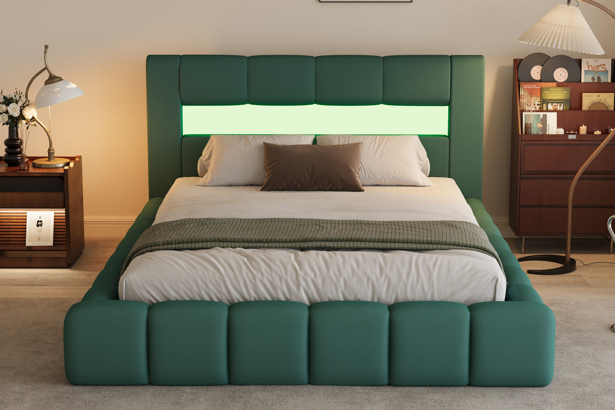 Lit nuage avec coffre de rangement et LED 180x200cm en velours vert avec tête de lit et sommier Omaha vue de face