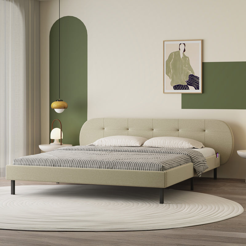 Lit capitonné 140x190cm beige avec tête de lit et sommier Tulsa vue de 3/4