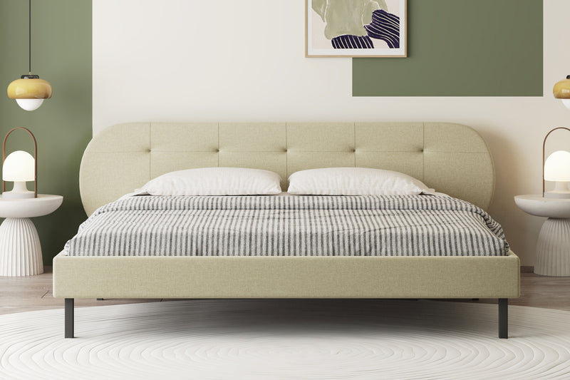 Lit capitonné 140x190cm beige avec tête de lit et sommier Tulsa photo d'ambiance