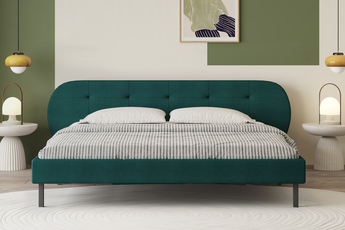 Lit capitonné 140x190cm vert avec tête de lit et sommier Tulsa photo d'ambiance
