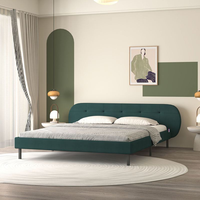 Lit capitonné 160x200cm vert avec tête de lit et sommier Tulsa vue de 3/4