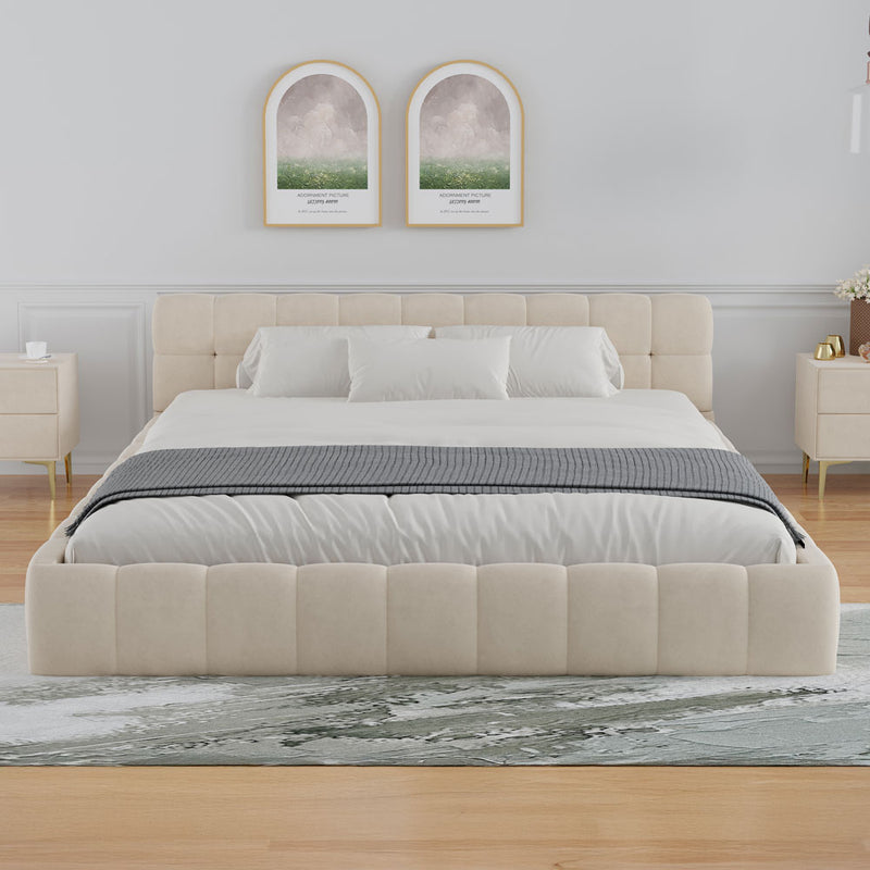 Lit nuage 140x190cm en velours Kansas beige vue de face