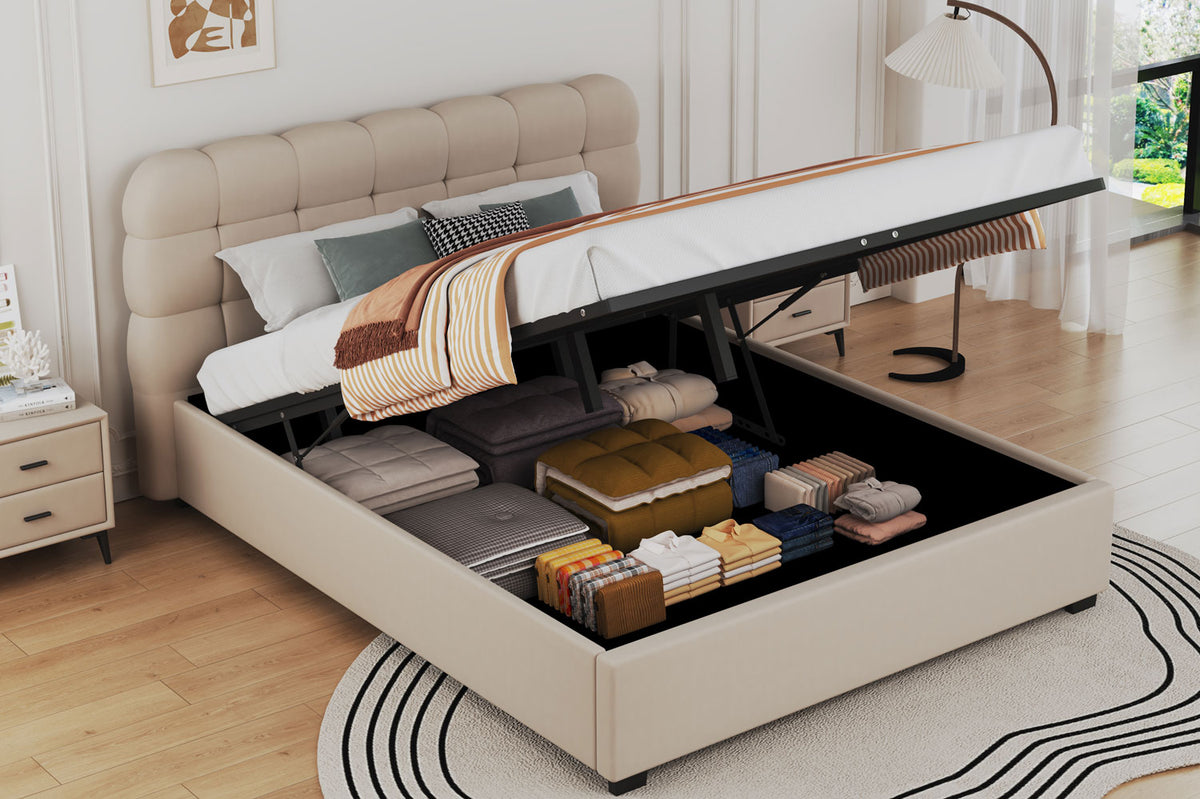 Lit nuage avec coffre de rangement 140x190cm en velours Dallas beige ambiance