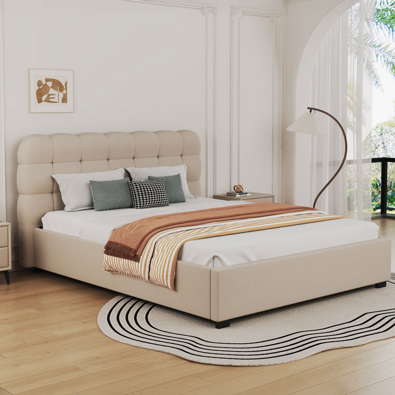 Lit nuage avec coffre de rangement 140x190cm en velours Dallas beige vue de 3/4