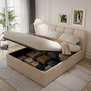 Lit nuage coffre 140x190cm velours beige Baltimore avec coffre de rangement