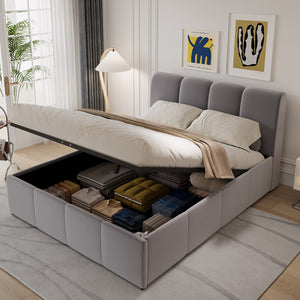 Lit nuage coffre 140x190cm velours gris  Baltimore avec coffre de rangement