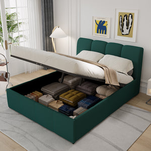 Lit nuage coffre 140x190cm velours vert Baltimore avec coffre de rangement