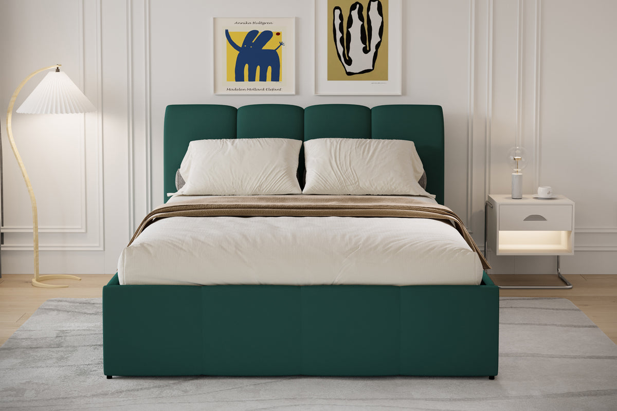 Lit nuage coffre 140x190cm velours vert Baltimore photo d'ambiance