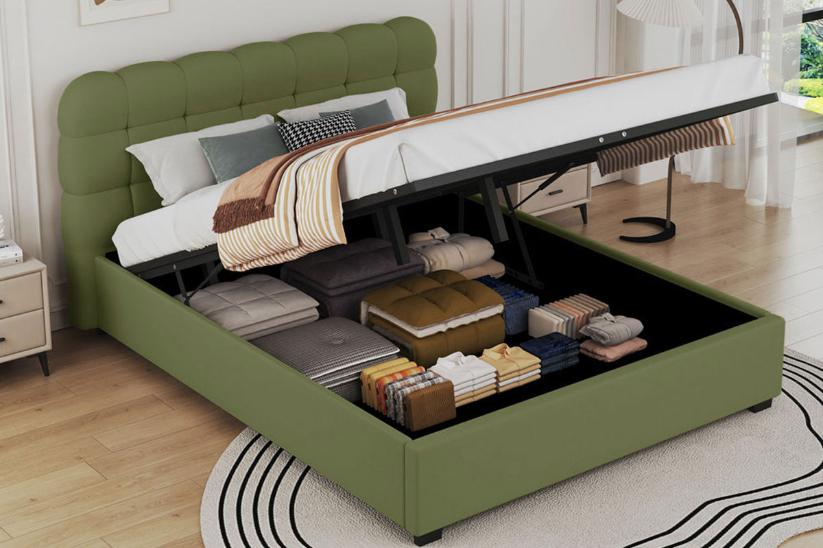 Lit nuage avec coffre de rangement 140x190cm en velours Dallas vert ambiance