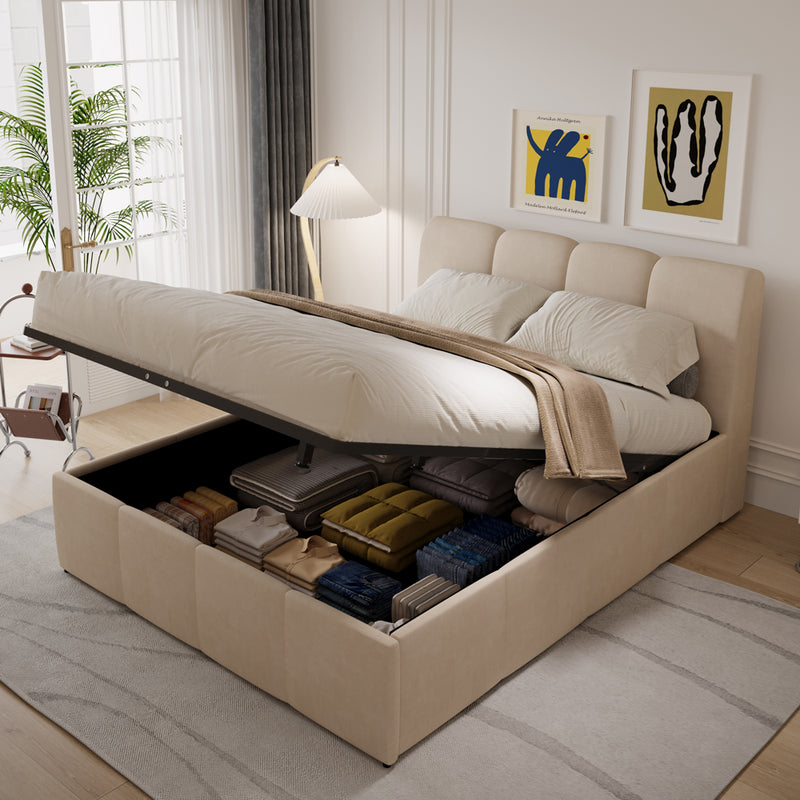 Lit nuage coffre 160x200cm velours beige Baltimore avec coffre de rangement