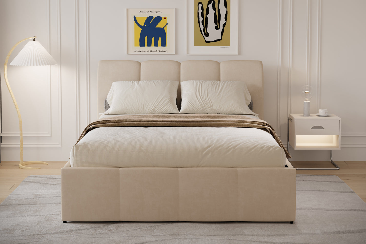 Lit Coffre 160x200 Cm Velours Côtelé Beige - Design Organique, Sommier à Lattes Inclus, Coffre Rangement, 2 Places - 8