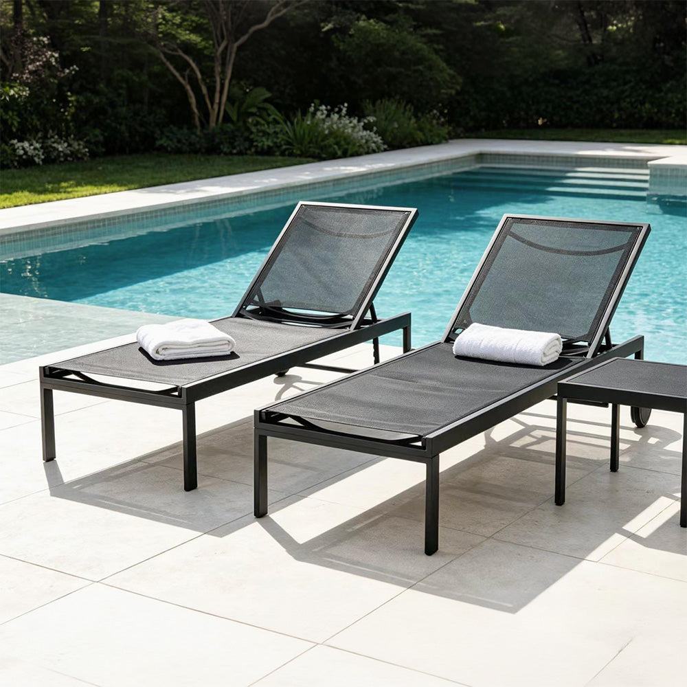 Lot de 2 bains de soleil inclinable noir avec roues en aluminium CUBA