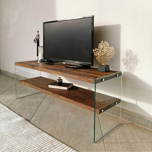 meuble TV 2 étagères bois et verre joy 3 quarts concept usine