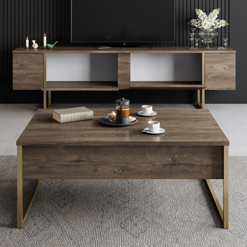 meubles TV avec rangement 180 cm bois et or bearn ambiance face table basse portes ouvertes concept usine