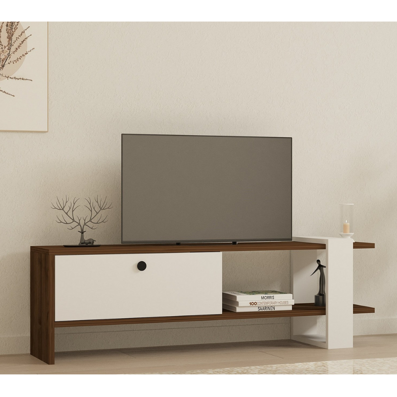 Meuble TV avec rangement bois et blanc loom ambiance 3 quarts porte fermée concept usine