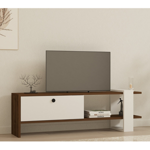 Meuble TV avec rangement bois et blanc loom ambiance 3 quarts porte fermée concept usine