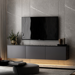 meuble TV contemporain avec rangement 160 cm anthracite nael ambiance 3 quarts éclairage clair concept usine