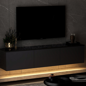 meuble TV contemporain avec rangement 160 cm anthracite nael ambiance 3 quarts éclairage sombre concept usine