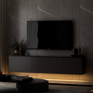 meuble TV contemporain avec rangement 160 cm anthracite nael ambiance face éclairage sombre concept usine
