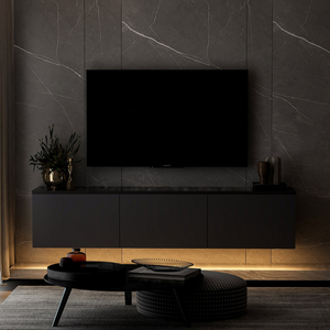 meuble TV contemporain avec rangement 160 cm anthracite nael ambiance face éclairage sombre table basse concept usine