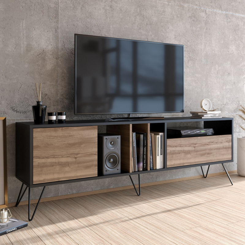meuble TV industriel avec rangement 180 cm baylee ambiance 3 quarts concept usine