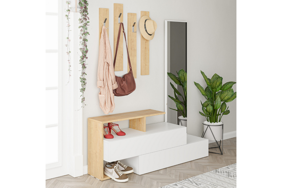 Meuble d'entrée bois et blanc avec porte-manteau Ramar