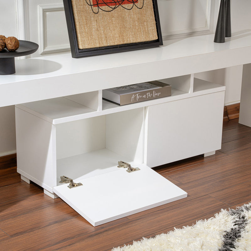 Meuble TV avec placards blanc 180cm Baso avec 2 espaces de rangements à portes