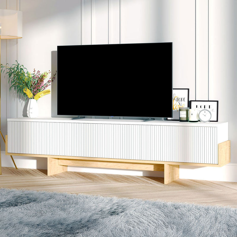 Meuble TV avec placards blanc et bois 180cm Wopi vue 3/4