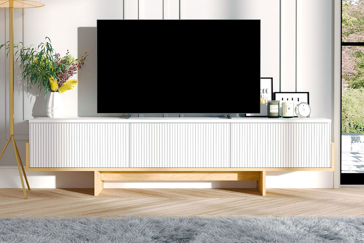Meuble TV avec placards blanc et bois 180cm Wopi vue de face