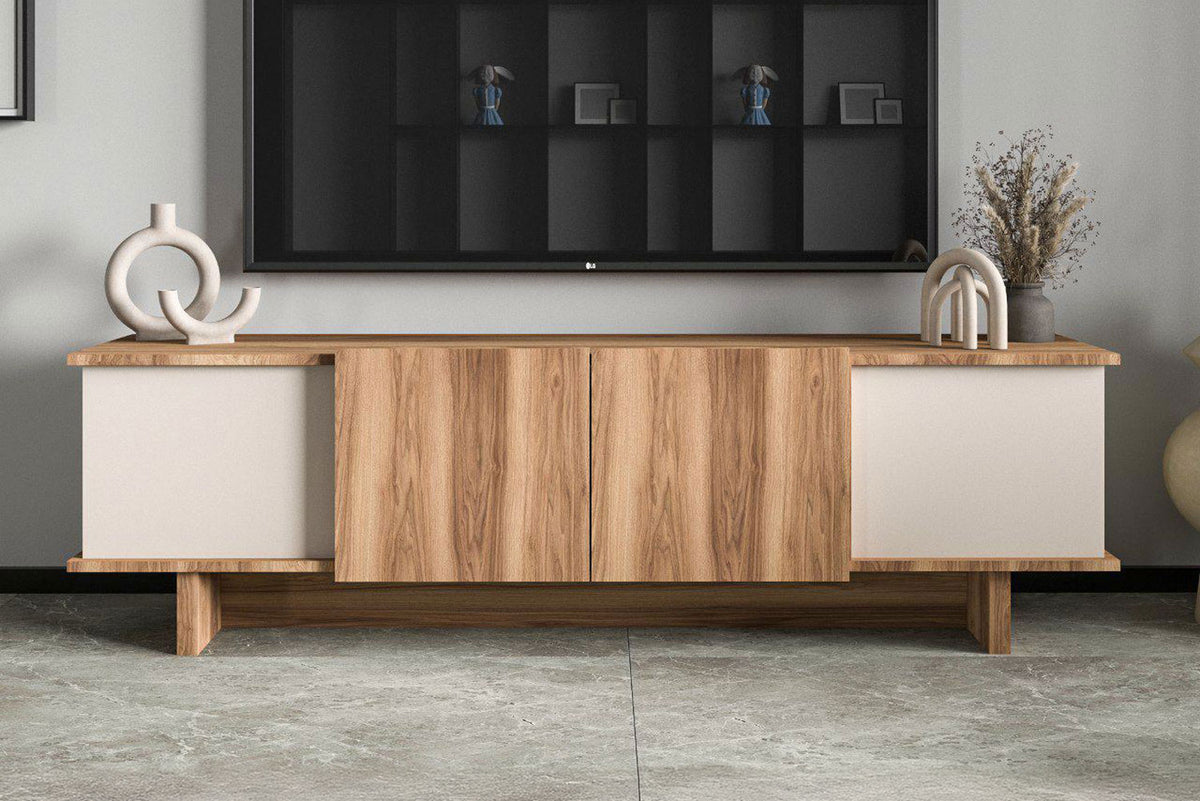 Meuble TV design avec placards aspect bois et beige 180cm Brona vue de face