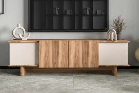 Meuble TV design avec placards aspect bois et beige 180cm Brona vue de face