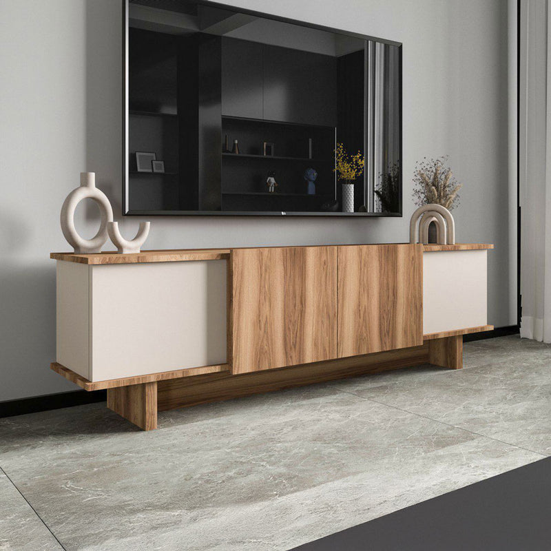 Meuble TV design avec placards aspect bois et beige 180cm Brona vue de 3/4