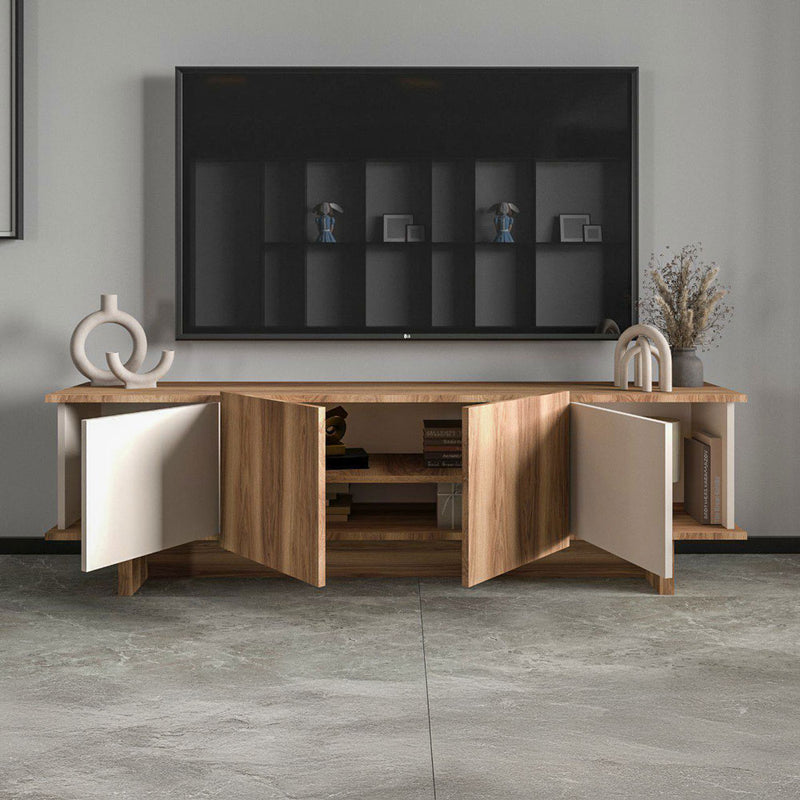 Meuble TV design avec placards aspect bois et beige 180cm Brona placards ouverts