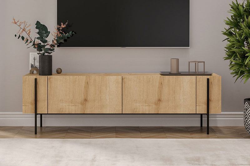Meuble TV avec placards bois et détails noirs 160cm Frena vue de face