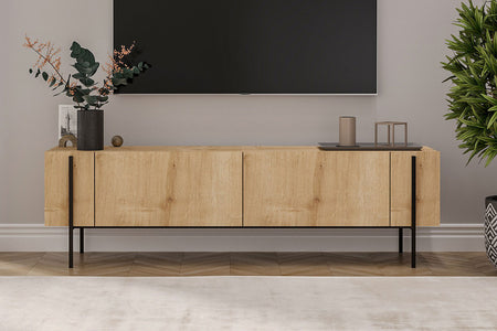 Meuble TV avec placards bois et détails noirs 160cm Frena vue de face