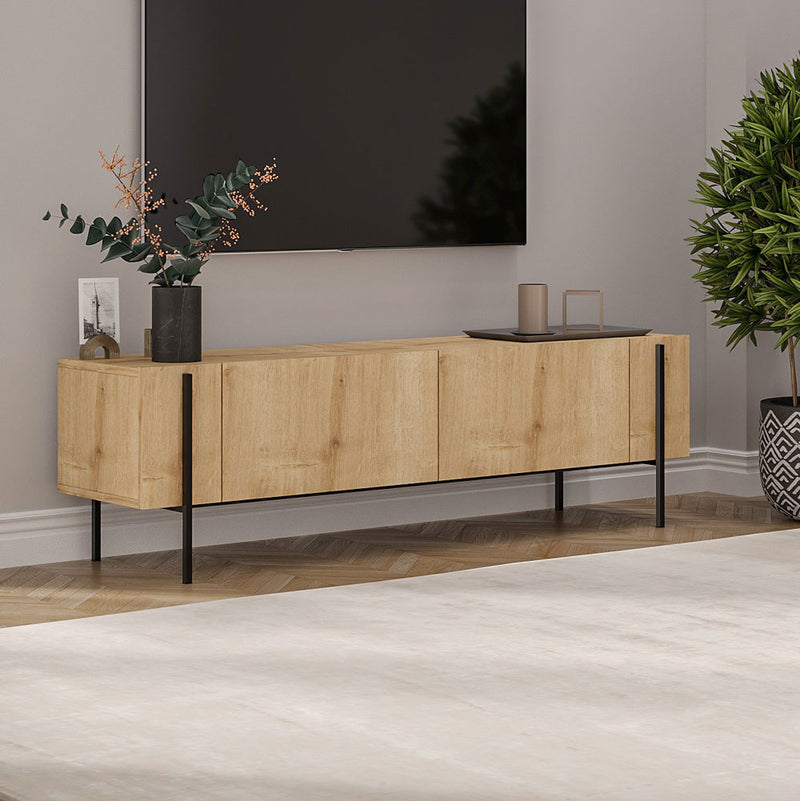 Meuble TV avec placards bois et détails noirs 160cm Frena vue de 3/4
