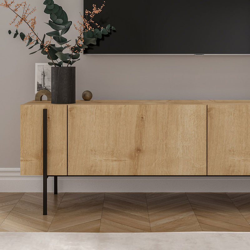Meuble TV avec placards bois et détails noirs 160cm Frena zoom façade