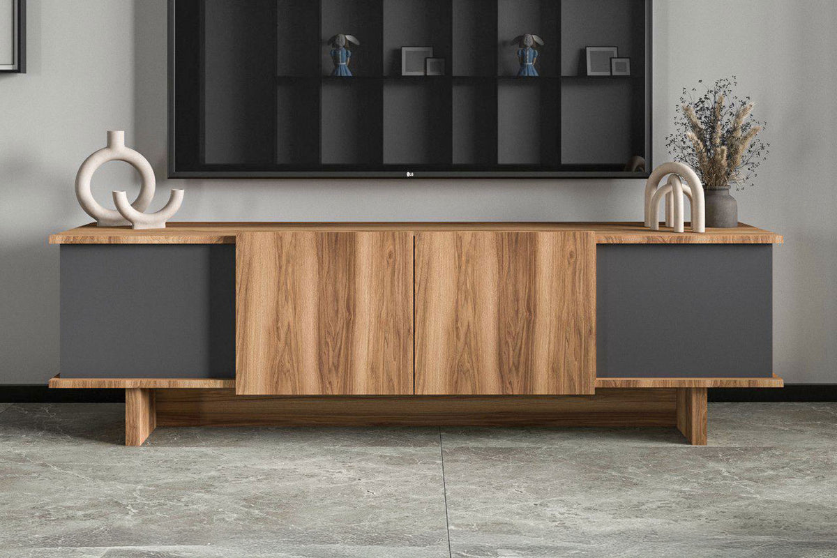 Meuble TV design avec placards aspect bois et gris anthracite 180cm Broni vue de face