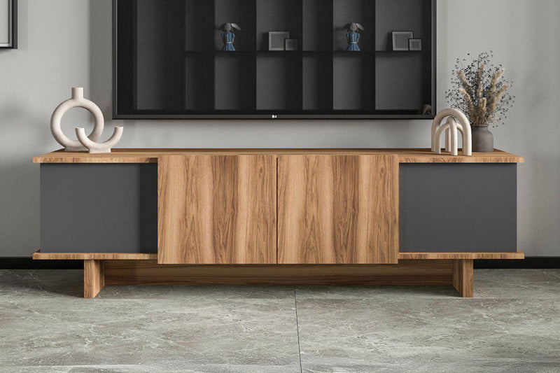 Meuble TV design avec placards aspect bois et gris anthracite 180cm Broni vue de face