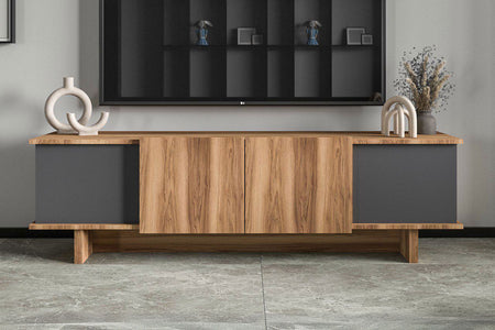 Meuble TV design avec placards aspect bois et gris anthracite 180cm Broni vue de face