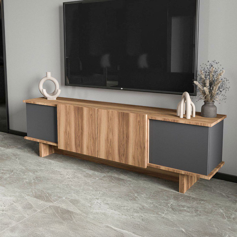 Meuble TV design avec placards aspect bois et gris anthracite 180cm Broni vue de 3/4