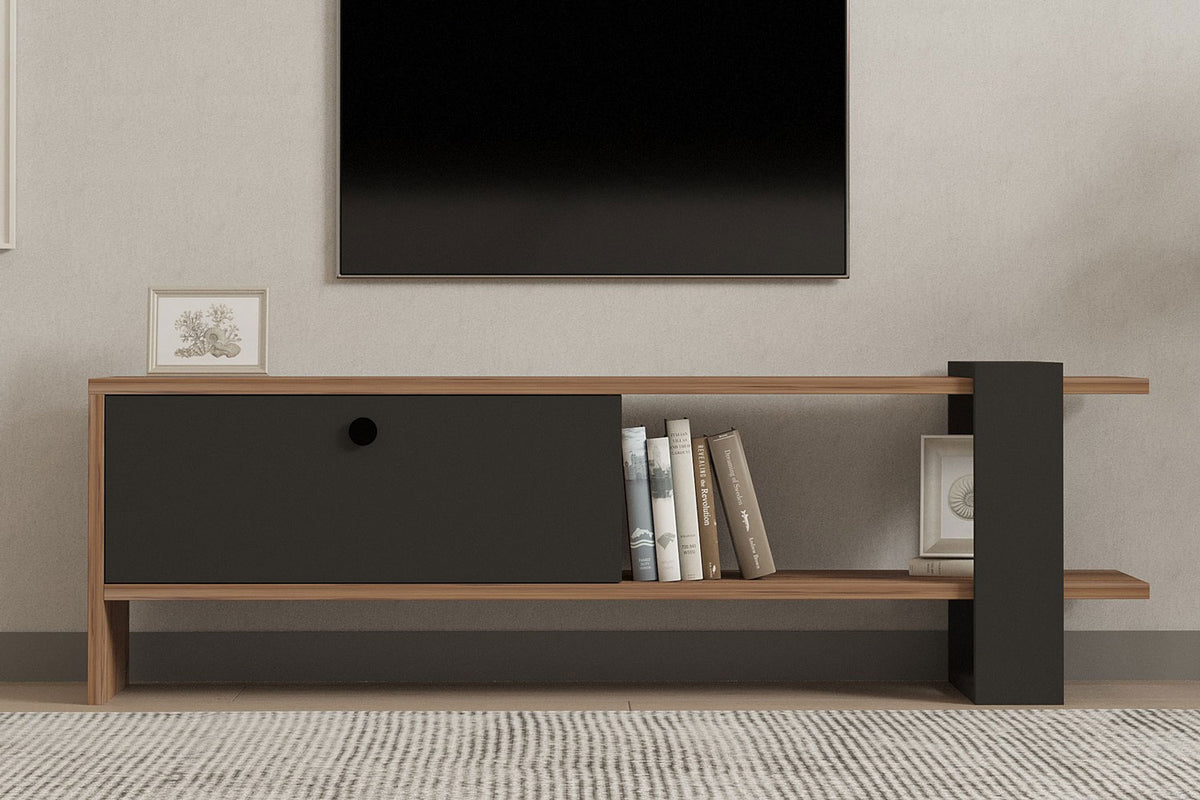 Meuble TV asymétrique gris anthracite avec placard aspect bois 120cm Ova vue de face