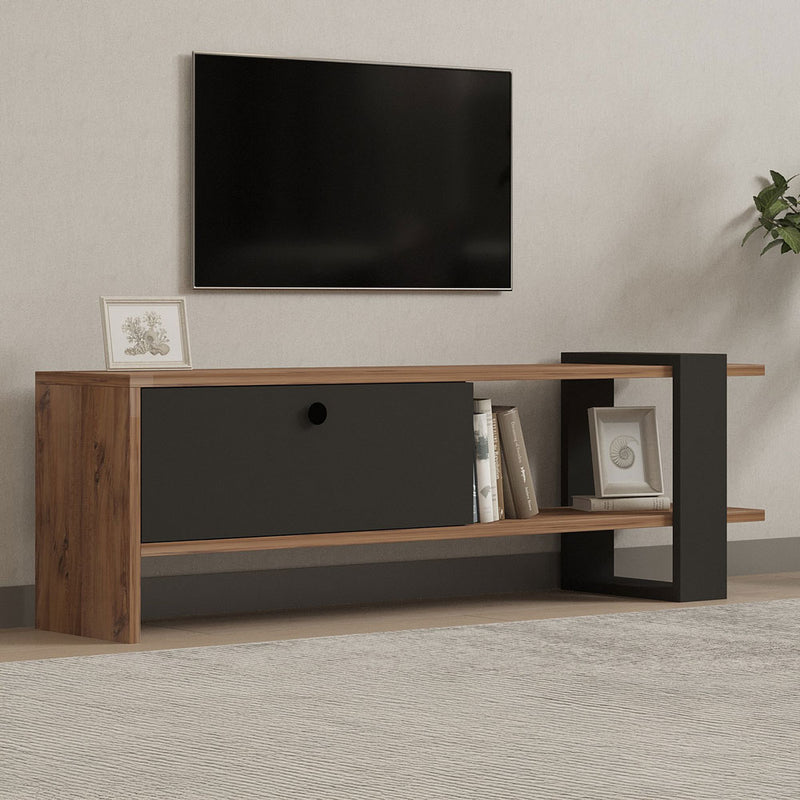 Meuble TV asymétrique gris anthracite avec placard aspect bois 120cm Ova vue de 3/4