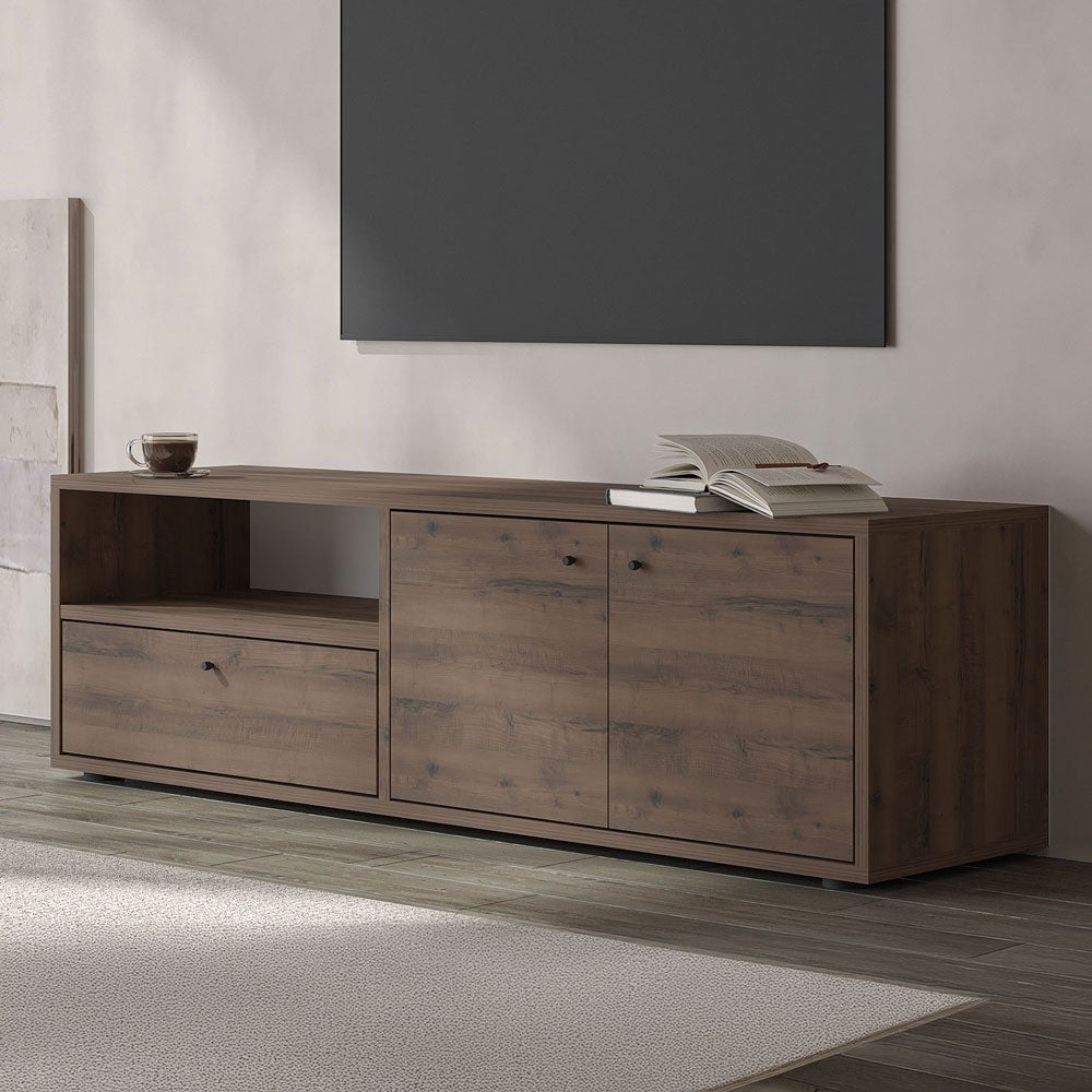 Meuble TV avec placards et niche aspect bois de noyer 136cm Oaki vue côté