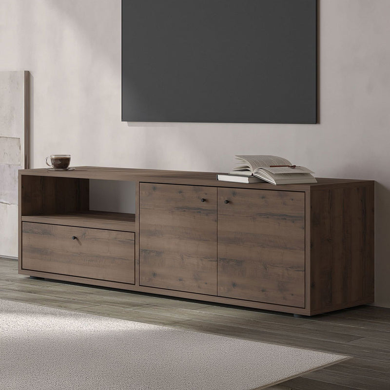 Meuble TV avec placards et niche aspect bois de noyer 136cm Oaki vue côté