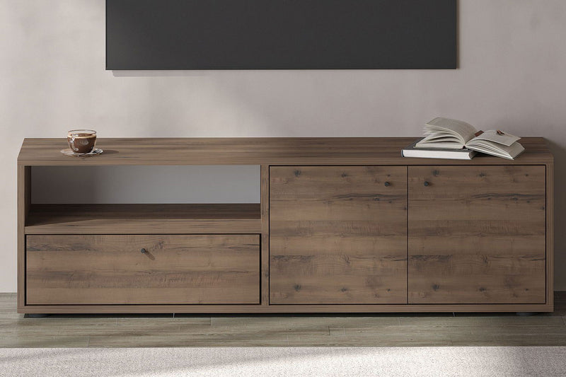 Meuble TV avec placards et niche aspect bois de noyer 136cm Oaki vue de face