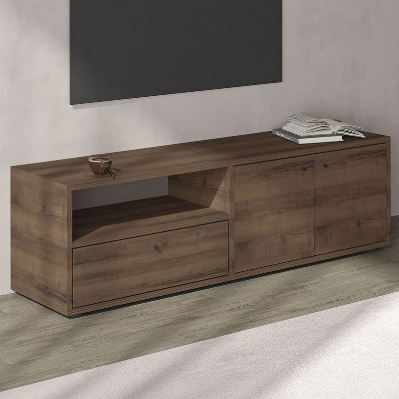 Meuble TV avec placards et niche aspect bois de noyer 136cm Oaki vue 3/4